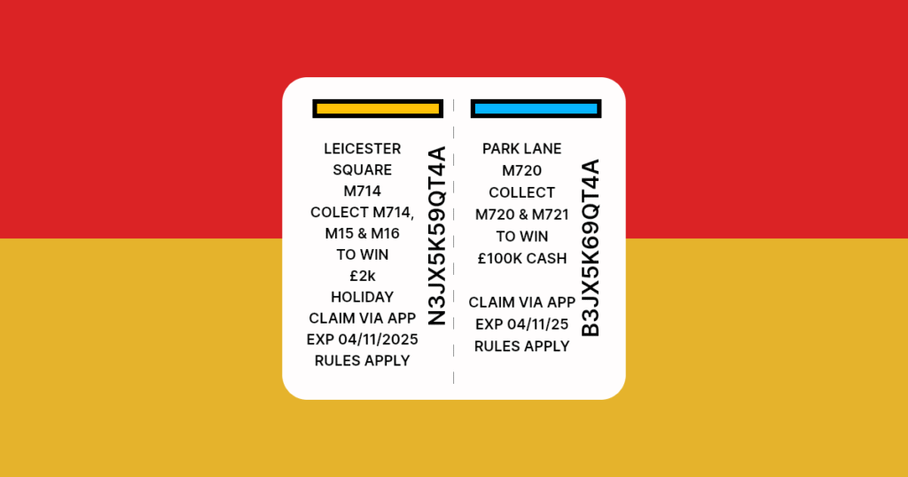 Approximation of the Monopoly puzzle pieces from McDonald's monopoly with a fake code although using random common pieces from 2025's game.